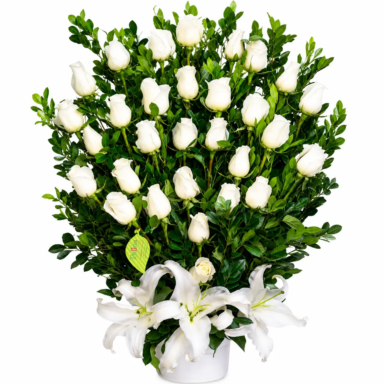 Arreglo floral de condolencias con rosas blancas en base de cerámica para velorios elegante y sobrio con delivery en Lima